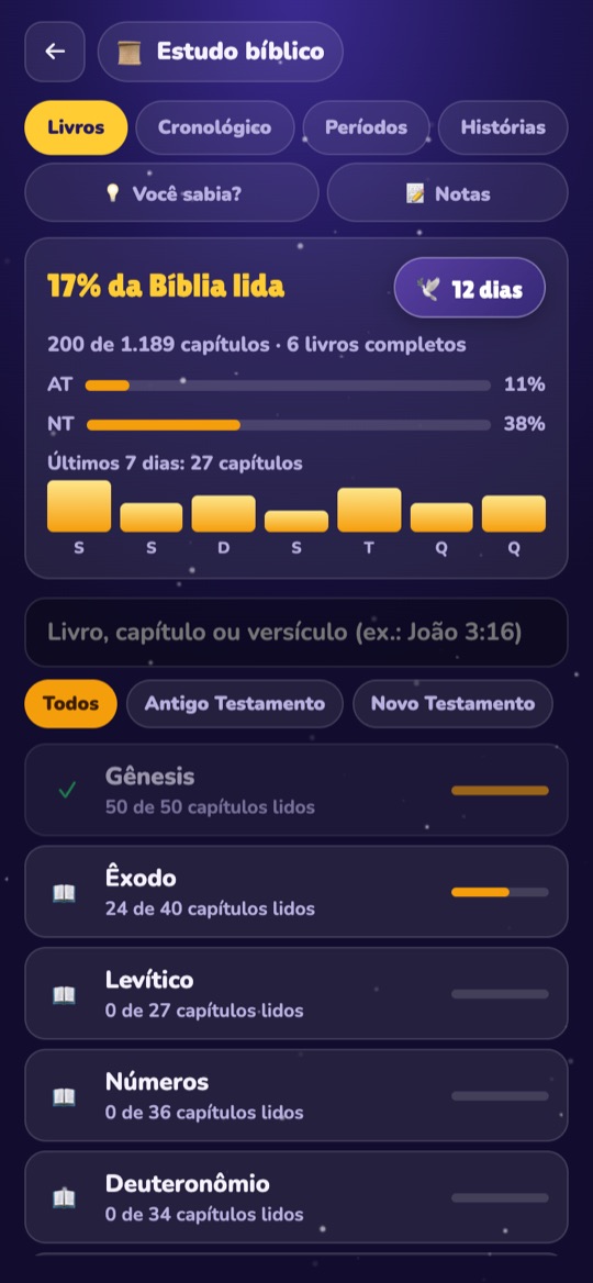 Tela do Estudo bíblico com o progresso de leitura